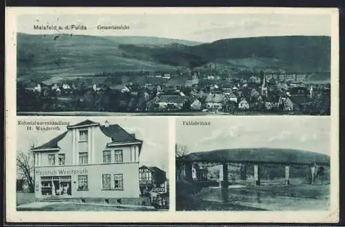 AK Malsfeld a. d. Fulda, Kolonialwarenhandlung H. Wendroth, Fuldabrücke, Totalansicht
