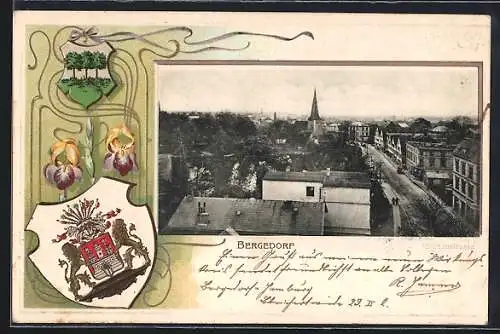 Passepartout-Lithographie Bergedorf, Ortsansicht aus der Vogelschau, Wappen