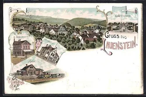 Lithographie Lauenstein / Hameln, Bahnhof, Bahnhofs-Hotel, Amtsgericht