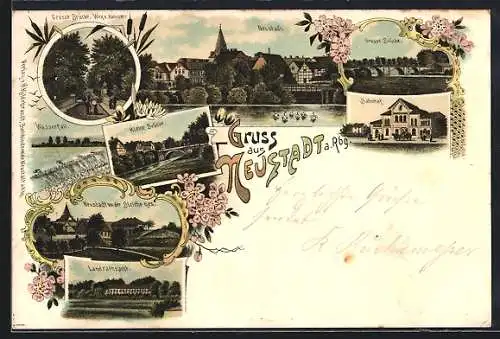 Lithographie Neustadt a. Rbg., Landratsamt, Bahnhof, Kleine Brücke