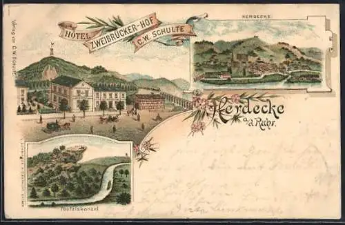 Lithographie Herdecke, Hotel Zweibrücker-Hof v. C.W. Schulte, Teufelskanzel, Ortsansicht