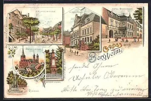 Lithographie Bergheim / Erft, Hotel Weidenbach, Ständehaus, Krieger-Denkmal
