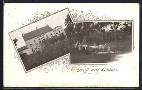AK Leulitz, Gasthof, Badende im See