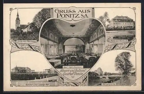 AK Ponitz S.-A., Konzert und Ballsaal Gasthof Ponitz, Kirche mit Pfarrhaus, Mühle, Bahnhof und Pleissenpartie