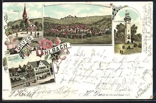 Lithographie Uhlbach / Obertürkheim, Gasthaus zur Krone v. Karl Seyffer, Kernenturm, Kirche