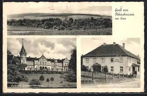 AK Oldershausen / Northeim, Gasthaus v. August Fröhlich, Schloss, Ortsansicht