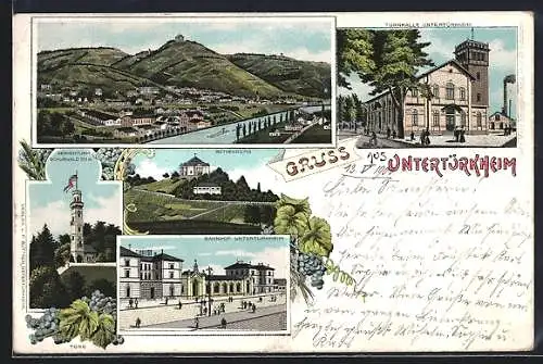 Lithographie Untertürkheim, Bahnhof, Rothenberg, Turnhalle, Kernenturm, Gesamtansicht