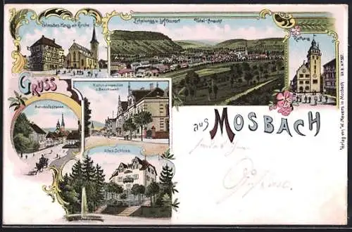 Lithographie Mosbach / Baden, Palmsches Haus mit Kirche, Bahnhofstrasse, Altes Schloss
