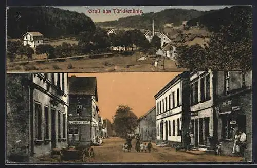 AK Türkismühle, Strassenpartie mit Gasthaus, Totalansicht