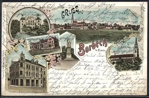 Lithographie Borbeck b. Essen, Geschäfts- & Wohnhaus d. Firma Philipp, Schloss, Kath. Krankenhaus