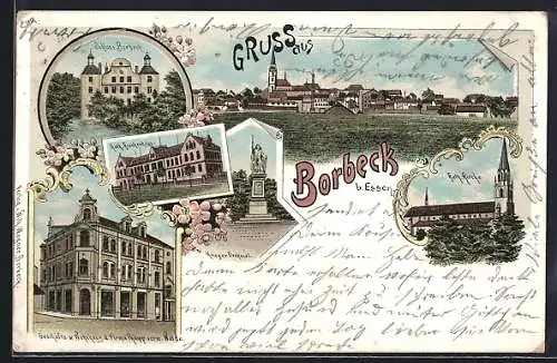 Lithographie Borbeck b. Essen, Geschäfts- & Wohnhaus d. Firma Philipp, Schloss, Kath. Krankenhaus