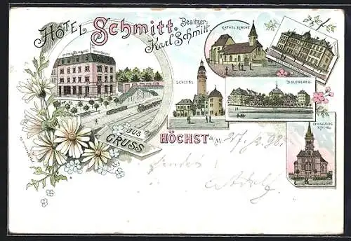 Lithographie Frankfurt-Höchst, Hotel Schmitt, Schloss, Kath. Kirche, Bolongaro, Realprogymnasium