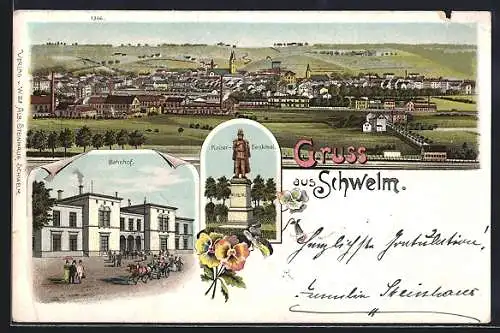 Lithographie Schwelm, Bahnhof, Kaiser-Denkmal und Totalansicht