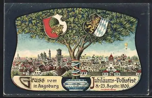 Lithographie Augsburg, Jubiläums-Volksfest 1906, Ortsansicht