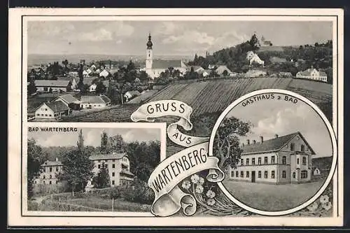 AK Wartenberg / Obb., Gasthaus z. Bad, Ortsansicht aus der Vogelschau