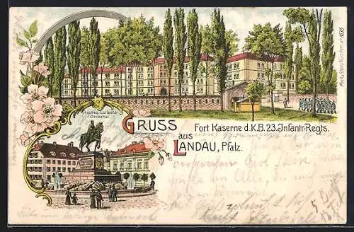Lithographie Landau /Pfalz, Fort Kaserne d. K. B. 23. Infantr.-Regts.