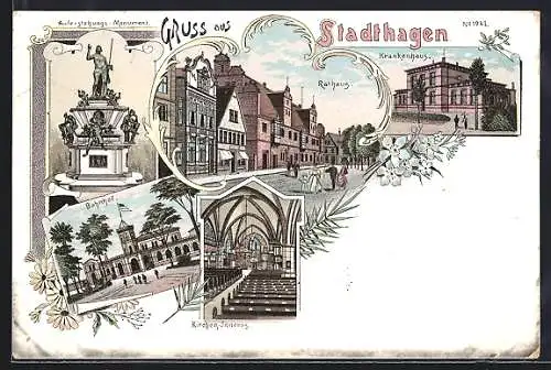 Lithographie Stadthagen, Krankenhaus, Bahnhof, Rathaus