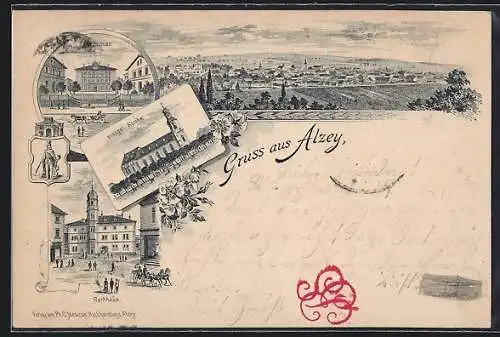 Lithographie Alzey, Seminar, Ev. Kirche, Rathaus