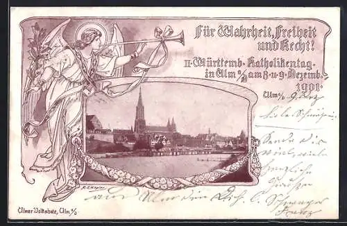 AK Ulm / Donau, II. Württemb. Katholikentag 1901, Engel mit Posaune, Teilansicht mit Münster und Fluss