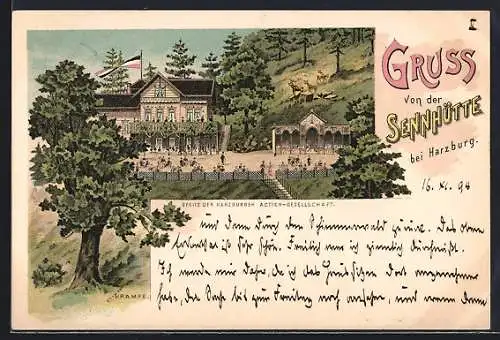 Lithographie Bad Harzburg, Gasthaus Sennhütte mit Garten