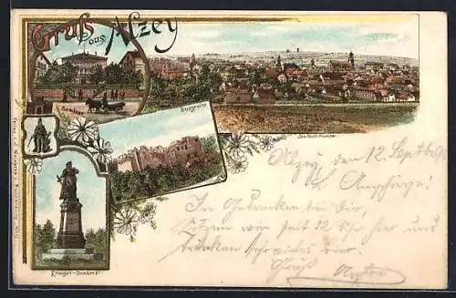 Lithographie Alzey, Seminar, Burgruine, Krieger-Denkmal, Panorama