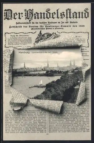 Zeitungs-AK Hamburg-Neustadt, Der Handelsstand, Lombardsbrücke mit Stadt durch zerrissenes Papier