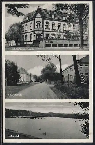 AK Rehagen / Klausdorf, Hotel-Restaurant Noack, Inh. Clara Kolbus, Bahnhofstrasse, Badeanstalt
