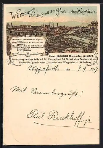 Lithographie Würzburg, Ortsansicht, Reklame für den Praktischen Wegweiser