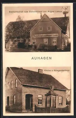 AK Auhagen, Gasthaus zum Storchennest, Inh. August Lampe, Kirche und Kriegerdenkmal