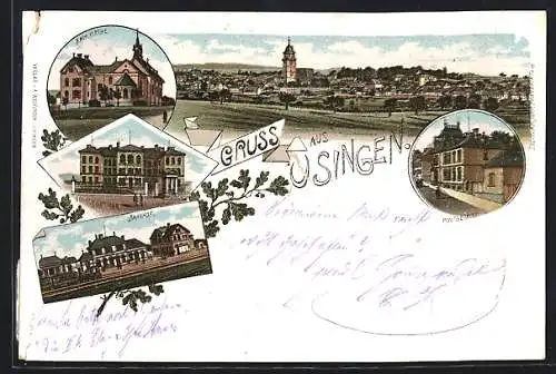Lithographie Usingen, Bahnhof, Lehrerseminar, Postgebäude