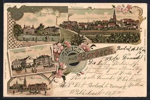 Lithographie Essen-Borbeck, Ortsansicht von oben, Schloss, Bürgermeister-Amt, Krankenhaus