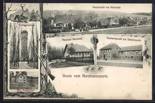 AK Nienstedt / Deister, Gastwirtschaft zur Deisterquelle, Totalansicht, Försterei, Nordmannsturm