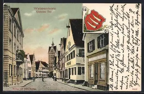 AK Weissenhorn, Geschäft v. Julius Langenstein, Unteres Tor, Wappen