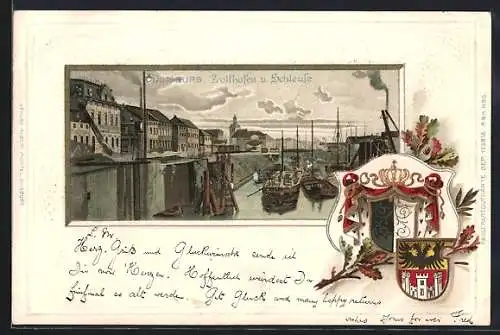Passepartout-Lithographie Duisburg, Zollhafen und Schleuse, Wappen