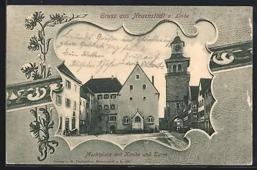 AK Neuenstadt a. Linde, Marktplatz mit Kirche und Turm