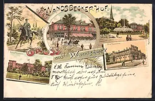 Lithographie Hamburg-Wandsbek, Neue und alte Kaserne, Gasthaus Wandsbecker Hof