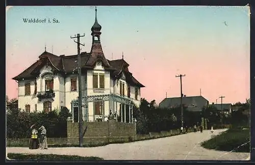 Goldfenster-AK Walddorf i. Sa., Villa mit leuchtenden Fenstern