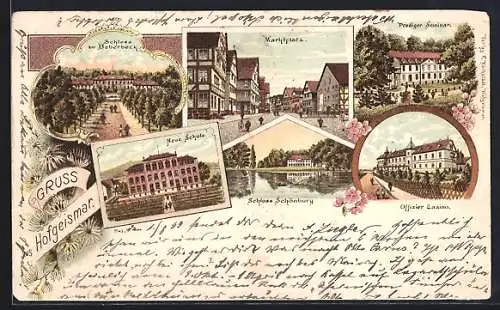 Lithographie Hofgeismar, Schloss zu Beberbeck, Neue Schule, Prediger Seminar