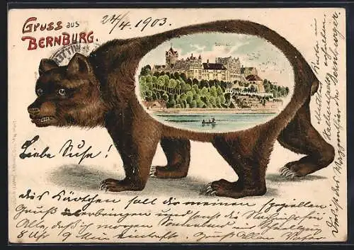 Passepartout-Lithographie Bernburg, Ansicht vom Schloss auf einem Bären