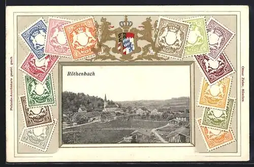 AK Röthenbach / Allgäu, Ortsansicht mit Kirche, Bayerische Briefmarken, Wappen Bayern von Löwen flankiert