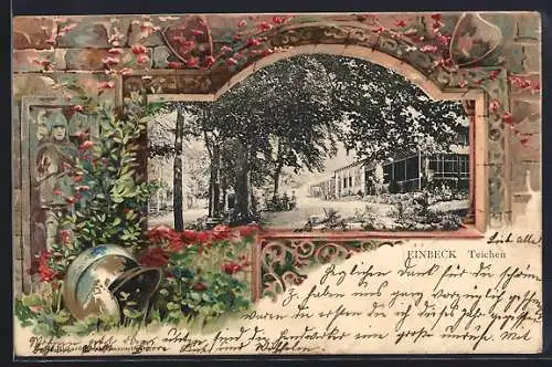 Passepartout-Lithographie Einbeck, Teichen, Passepartout mit Helm