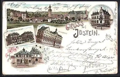 Lithographie Idstein, Rathaus mit Denkmal, Erziehungs-Anstalt, Baugewerkschule