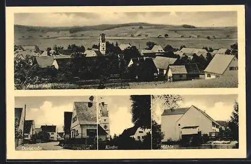 AK Zusamzell, Dorfstrasse, Kirche, Mühle, Ortsansicht