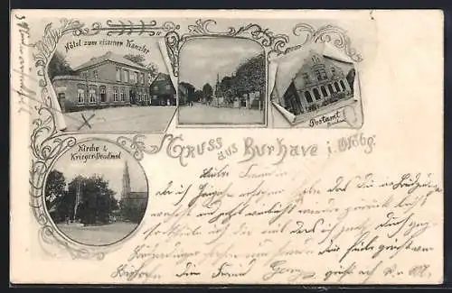 AK Burhave i. Oldbg., Hotel zum eisernen Kanzler, Postamt, Kirche, Kriegerdenkmal
