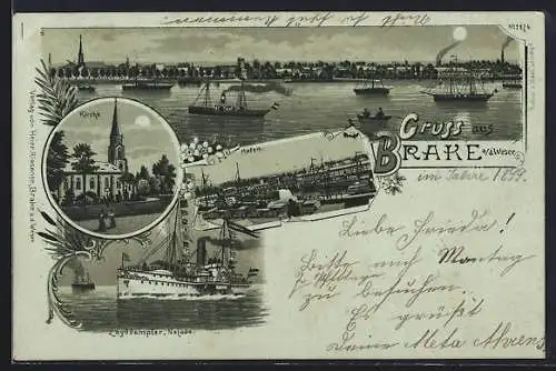 Lithographie Brake a. d. Weser, Loyddampfer Najade, Hafen, Kirche