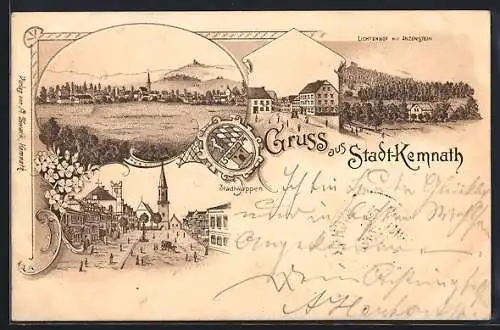 Lithographie Stadt-Kemnath, Gasthaus Lichtenhof mit Anzenstein, Stadtwappen und Strassenpartie