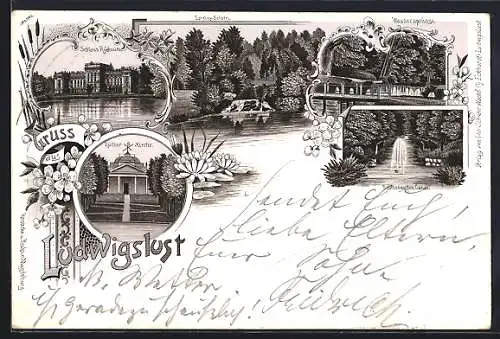Lithographie Ludwigslust / Meckl., Lutherkirche, Wasersprünge, Schlossgarten-Canal und Loreley-Felsen