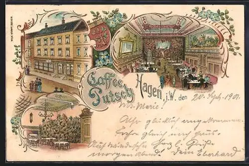 Lithographie Hagen i. W., Gasthauf Caffee Putsch mit Innenansichten