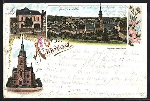 Lithographie Annerod, Restaurant zur Krone, Bes. Weller, Kirche und Ansicht von der Platte