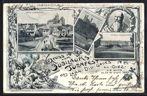 AK Diez a. d. Lahn, Jubiläums-Turnfest 1902, Schloss Schaumburg, Lahnbrücke und Schloss Oranienstein